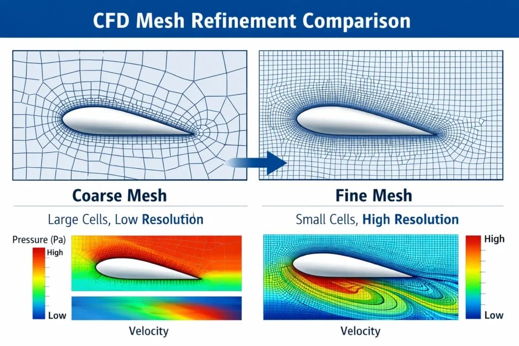 CFD mesh refinement comparison showing coarse mesh vs fine mesh resolution